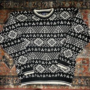 GAP Crewneck  Sweater Black and White fair isle Pattern 100% cotton